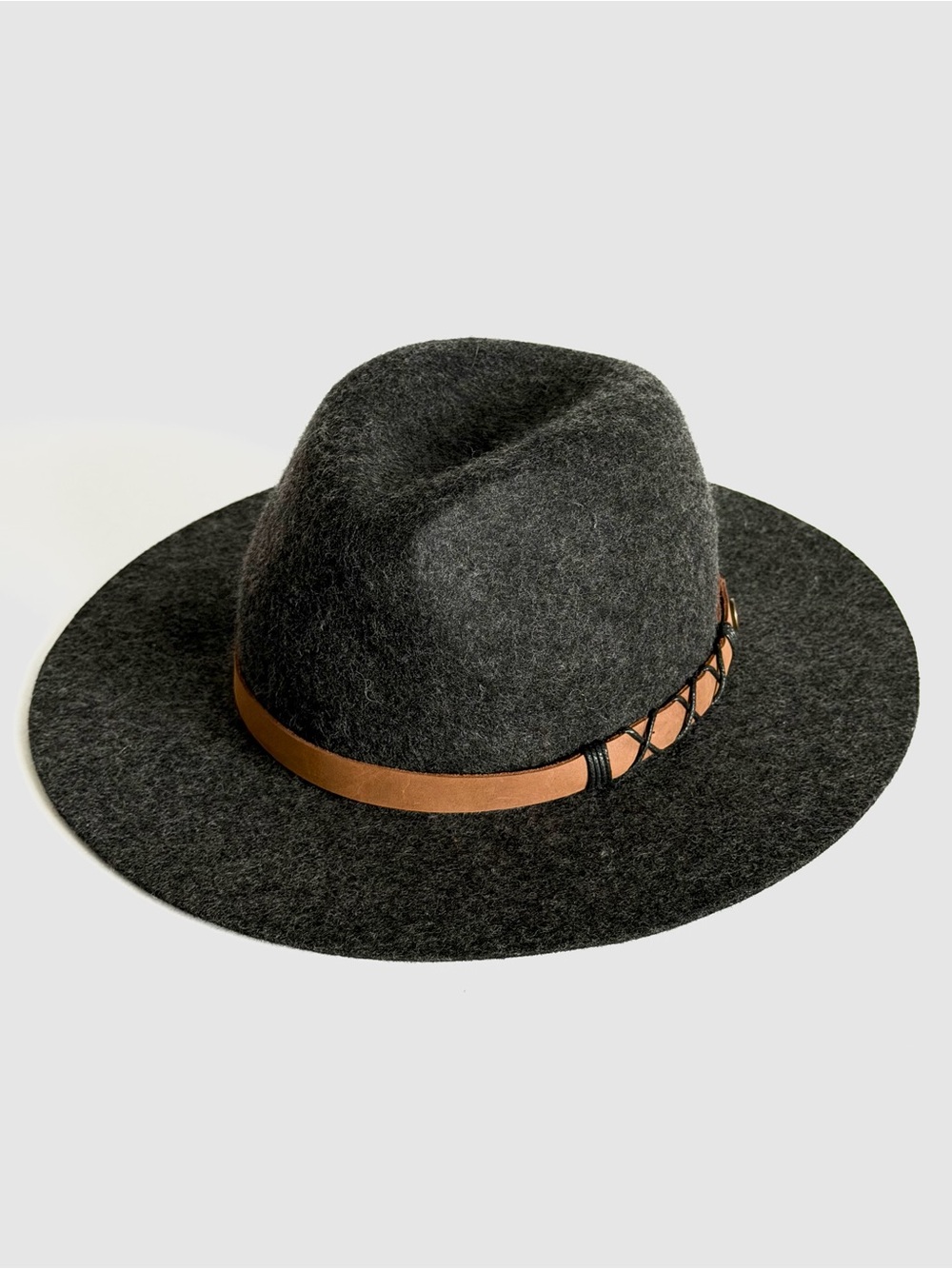 Women’s Charcoal Wool Felt Fedora with Brown Leather accent